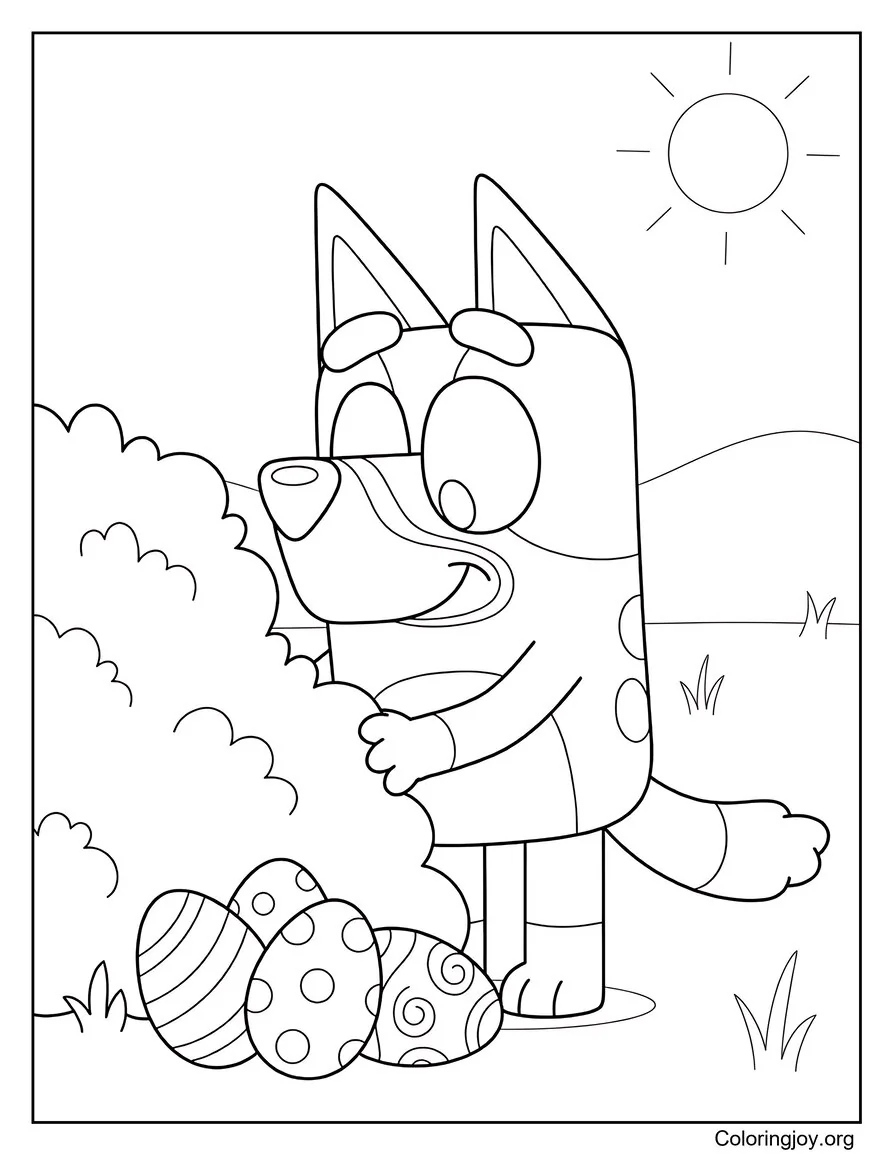 In the backyard, Bluey searches high and low for hidden eggs.