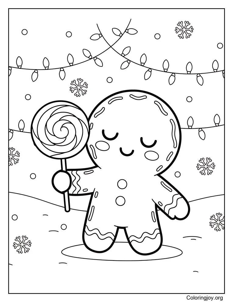 Gingerbread Character Holding Candy Amid Christmas Lights and Snow