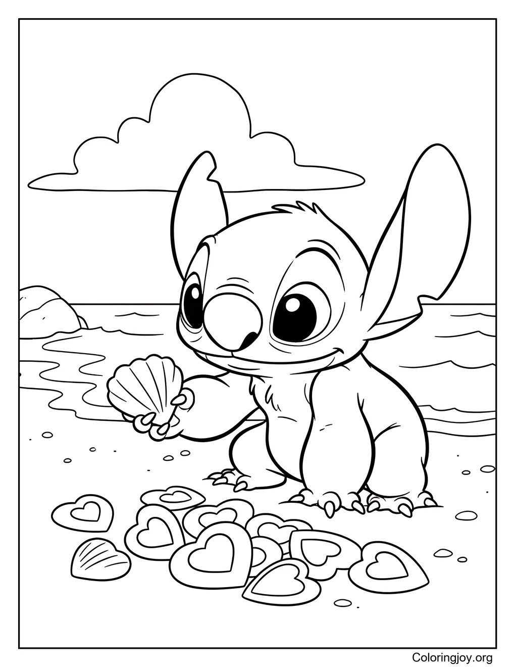 Outline to color Stitch and the Heart Seashells