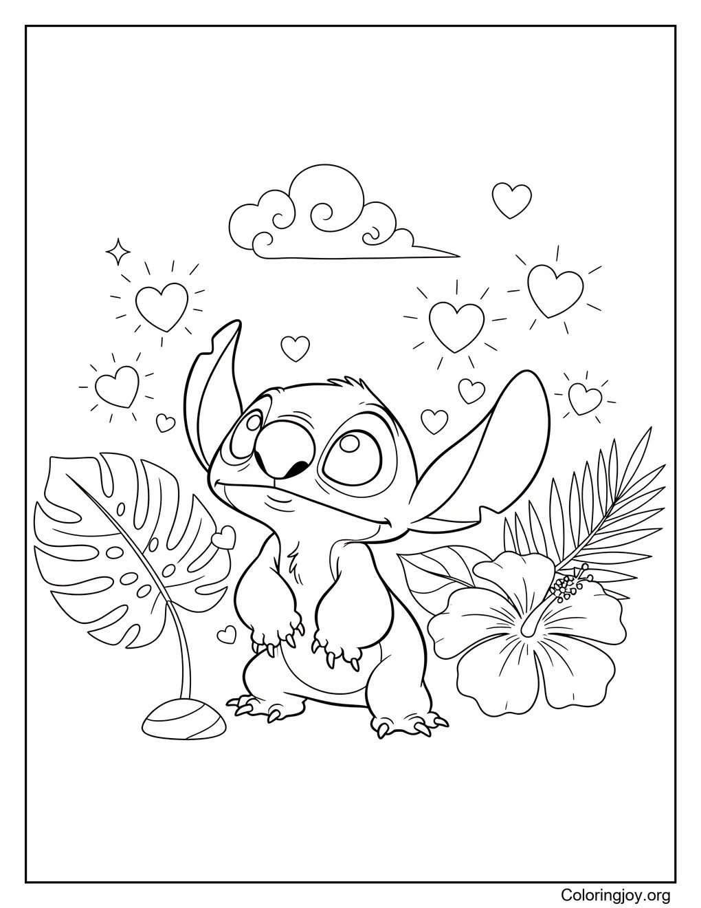 Magical Stitch gazes at heart-shaped fireflies lighting up a peaceful tropical night.