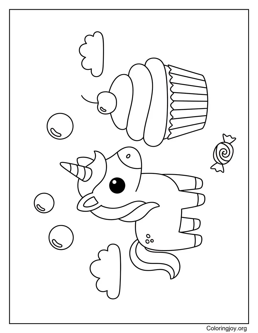 Place a baby unicorn beside a rainbow-tiered cupcake with stars.
