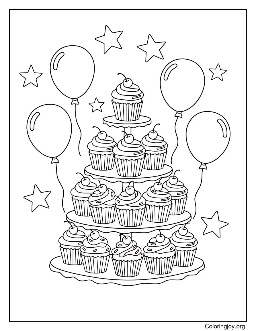 Tall cupcake tower stacked high with balloons and stars in the background.
