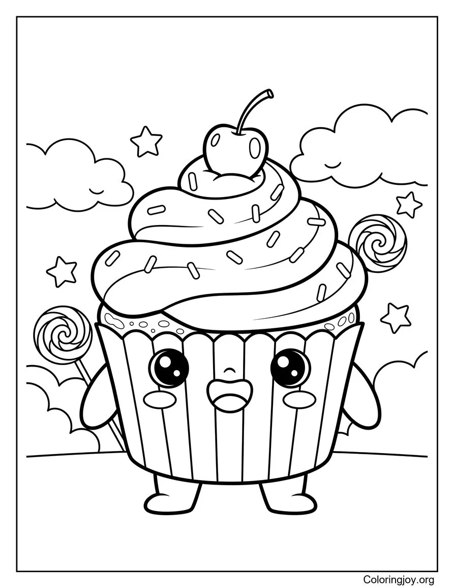 Draw a kawaii cupcake floating in a candy land with stars.