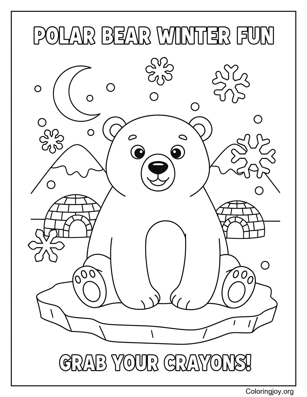 Polar Bear in Snow,Have fun coloring a friendly bear in winter.