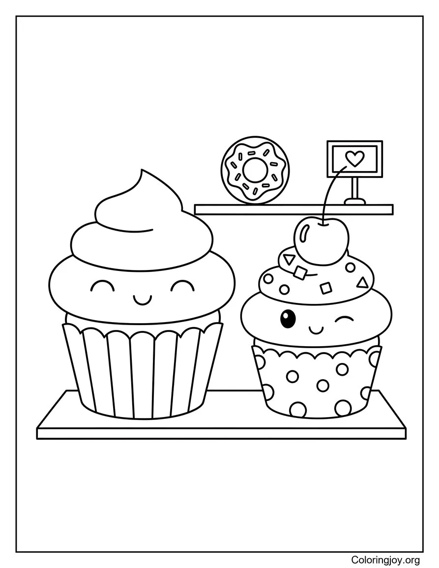 Line up three smiling cupcakes on a floating bakery shelf.