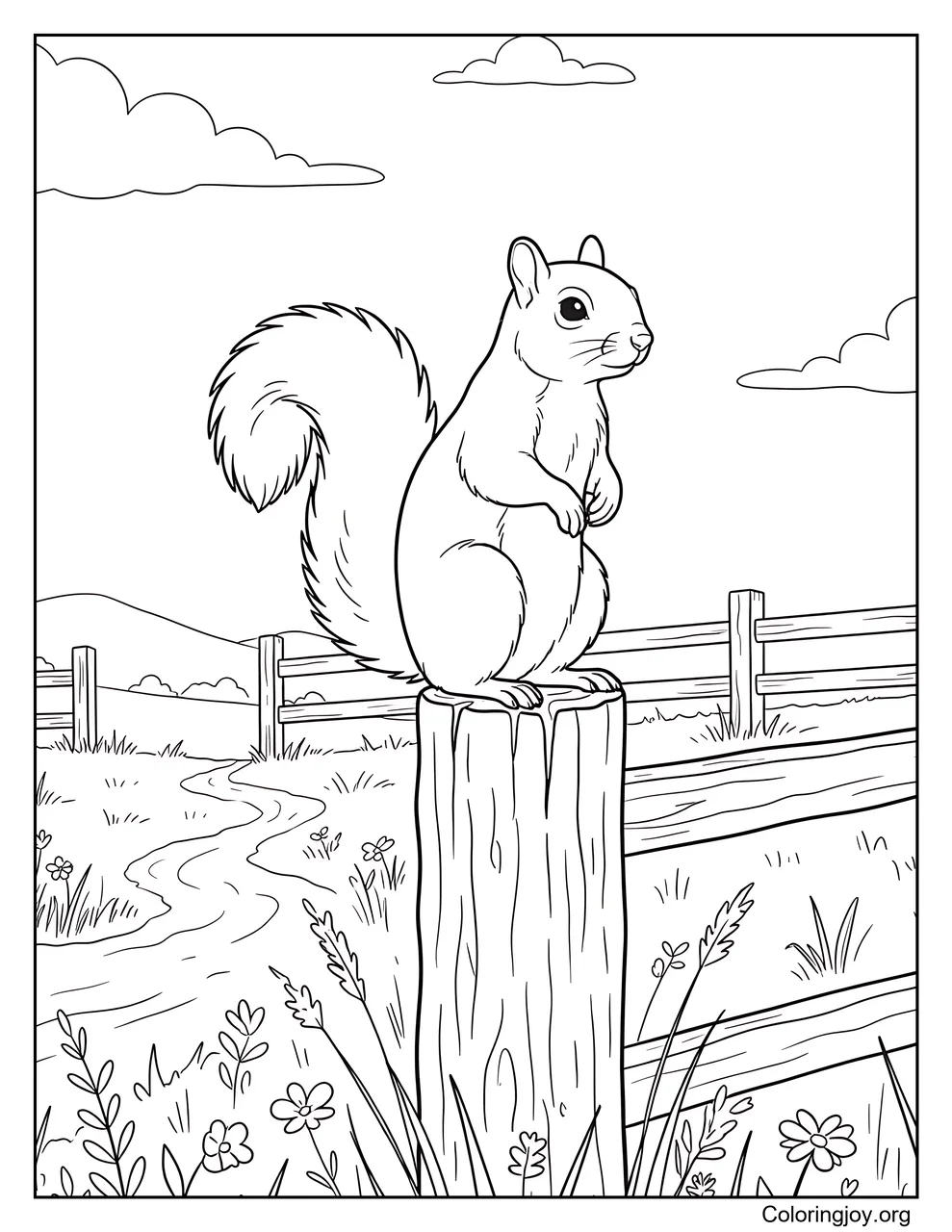 Standing tall on a wooden fence post, a squirrel keeps watch.