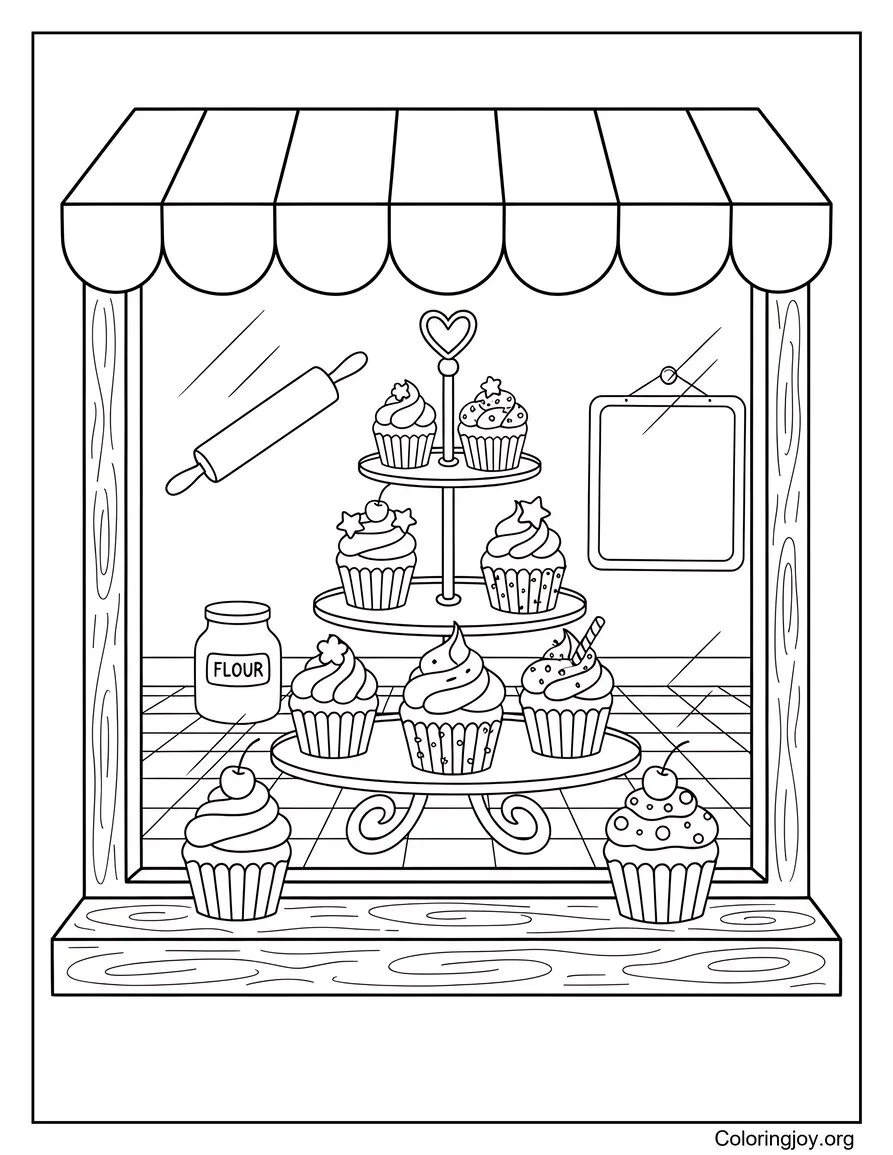 Fill a bakery window with delicious decorated cupcakes on display.