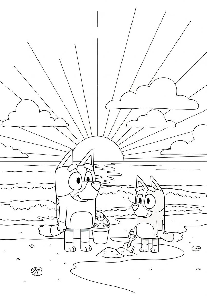 Bluey and Bingo Beach Sunset Coloring Page