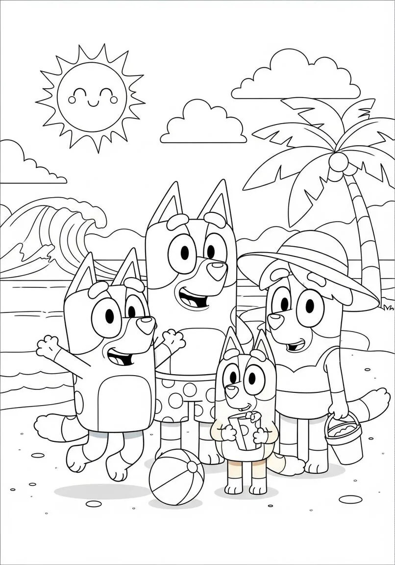 Bluey Family Beach Vacation Coloring Page