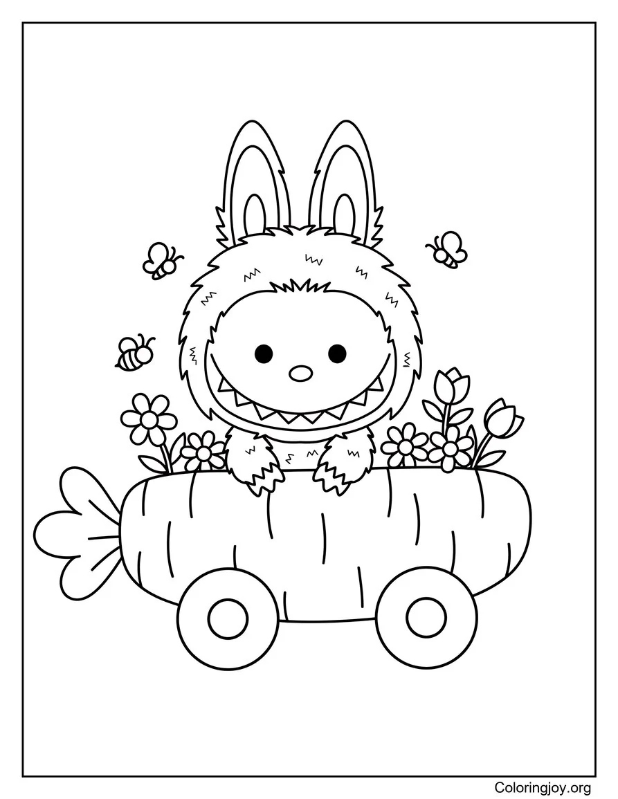 This cheerful ride shows Labubu in a carrot-shaped wagon with eggs.