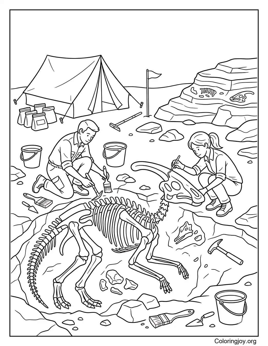 Paleontologists uncovering a Parasaurolophus fossil from the ground.