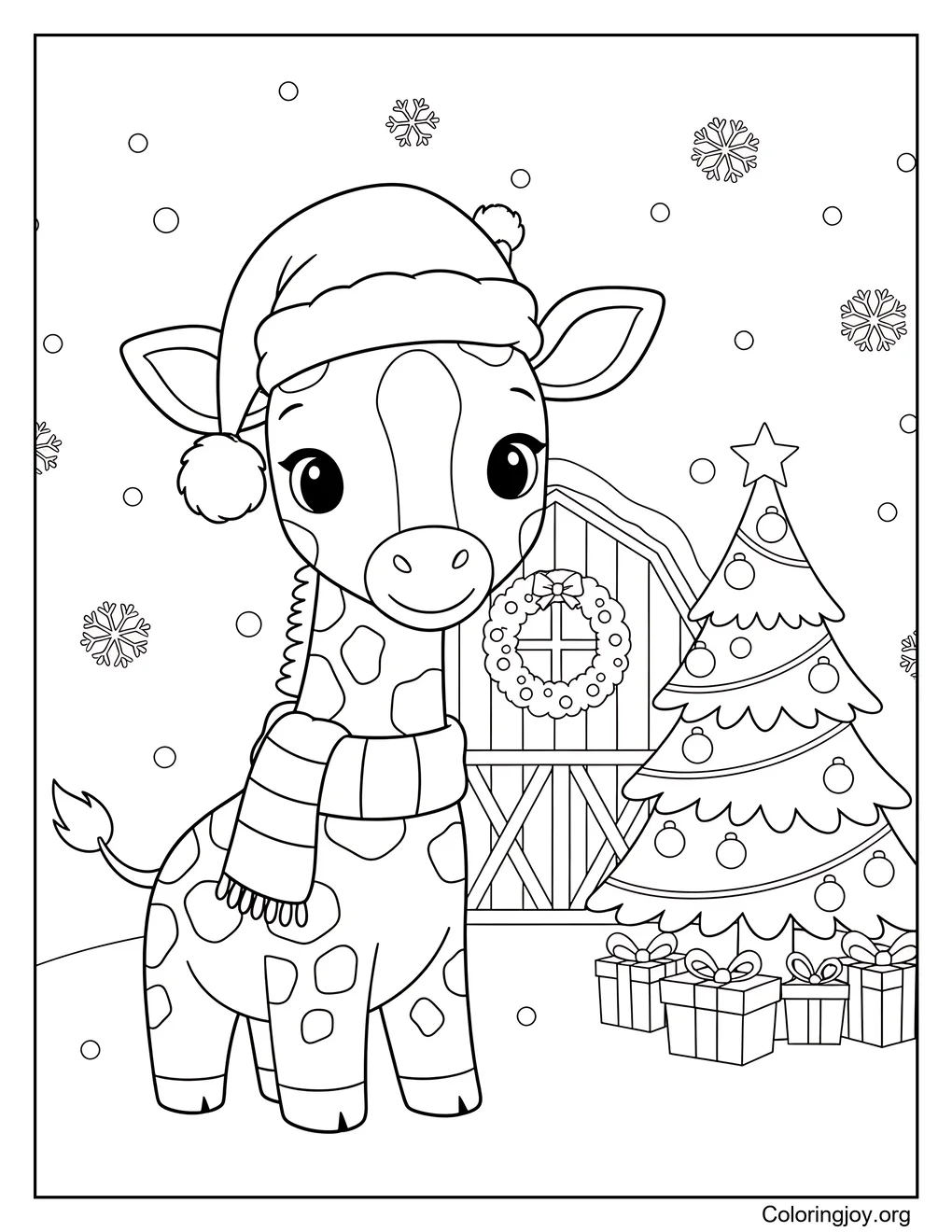 Baby Giraffe at Christmas Barn Coloring Page