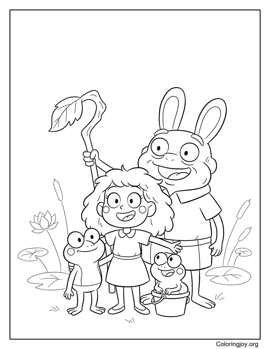 Amphibia-inspired adventure scene showing characters in a lively fantasy world.
