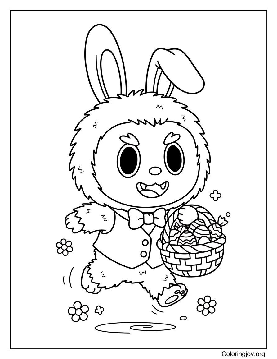 This playful page shows Labubu dressed as a happy Easter Bunny.
