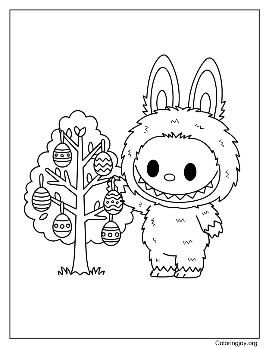 Labubu decorates a festive Easter tree with colorful egg ornaments.
