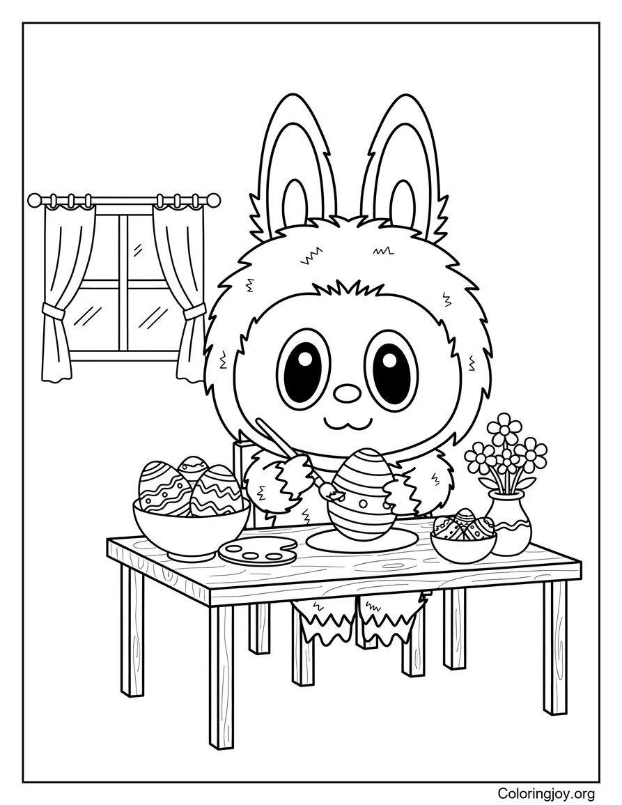 For a calm moment Labubu paints a collection of colorful Easter eggs.