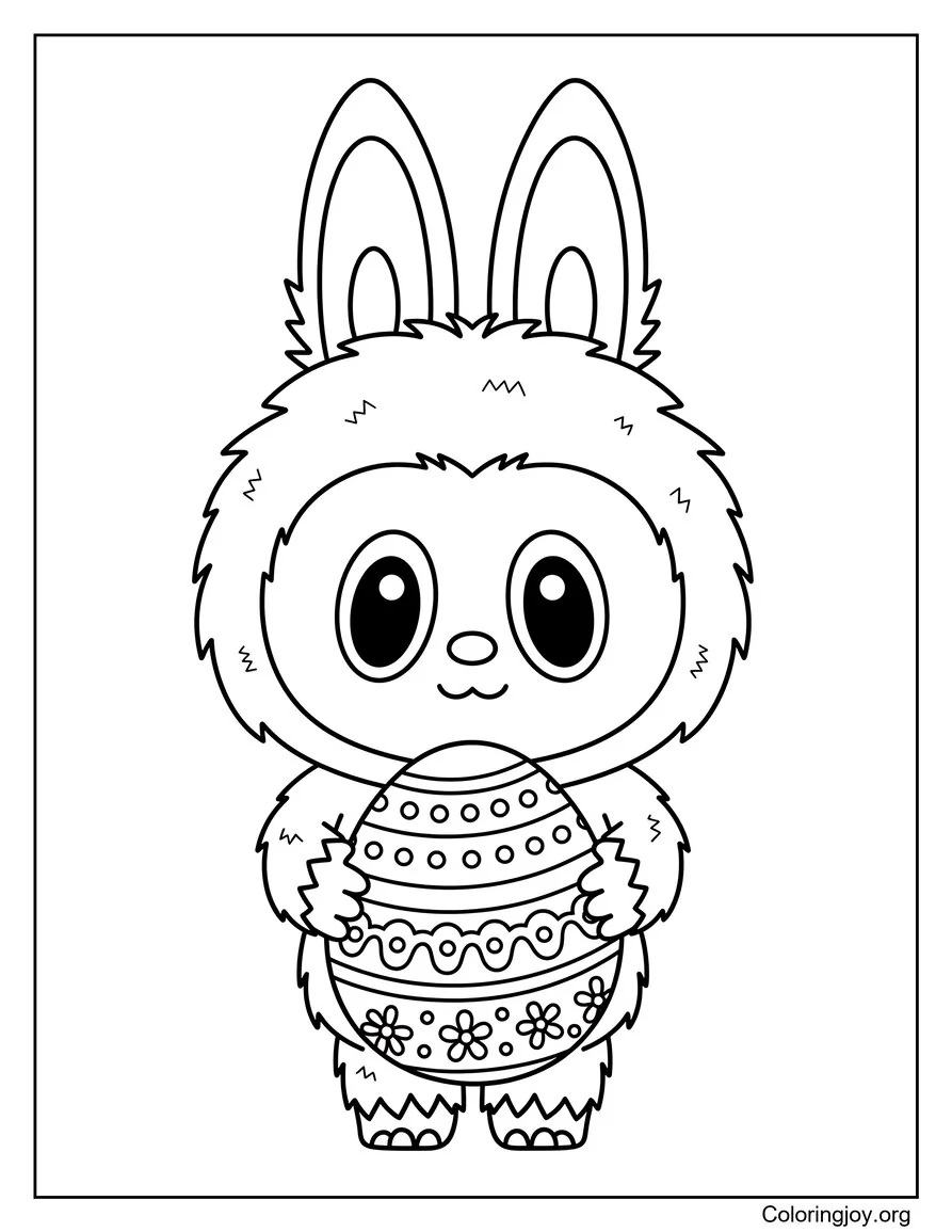Labubu gently holds a giant Easter egg and spreads cheer.