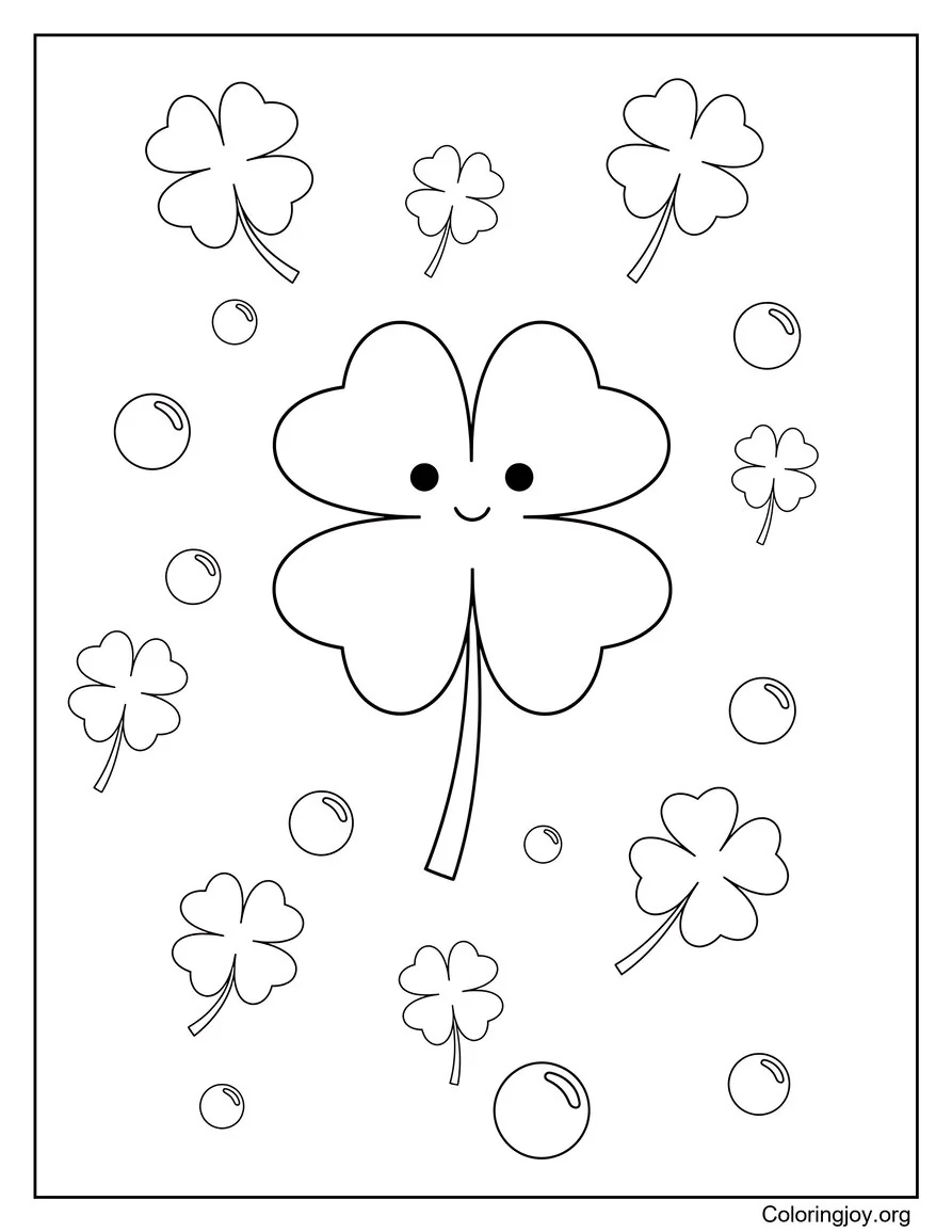 That four-leaf clover smiles, with small clovers nearby for extra cheerful fun.