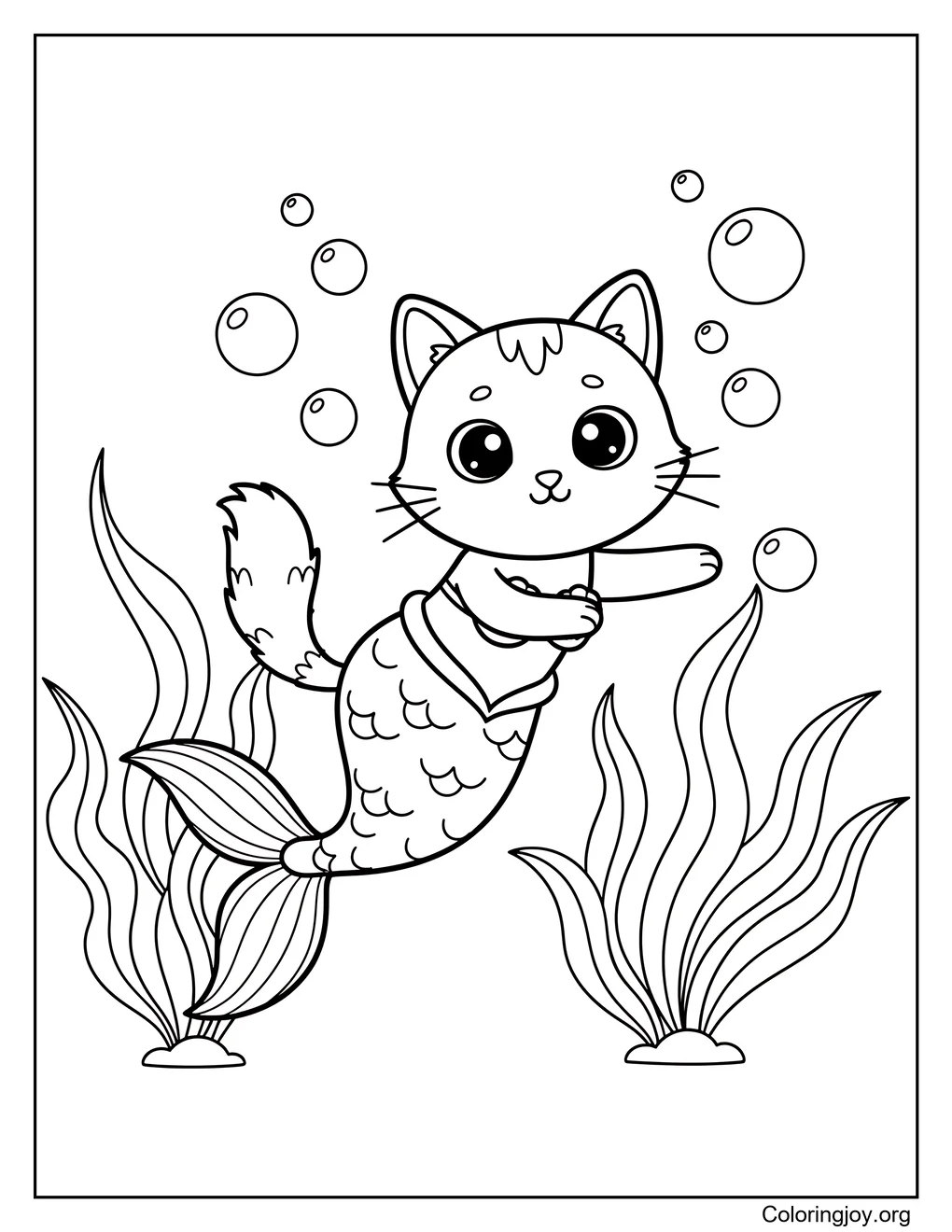 Swimming happily underwater, this mermaid cat adds a touch of ocean magic.