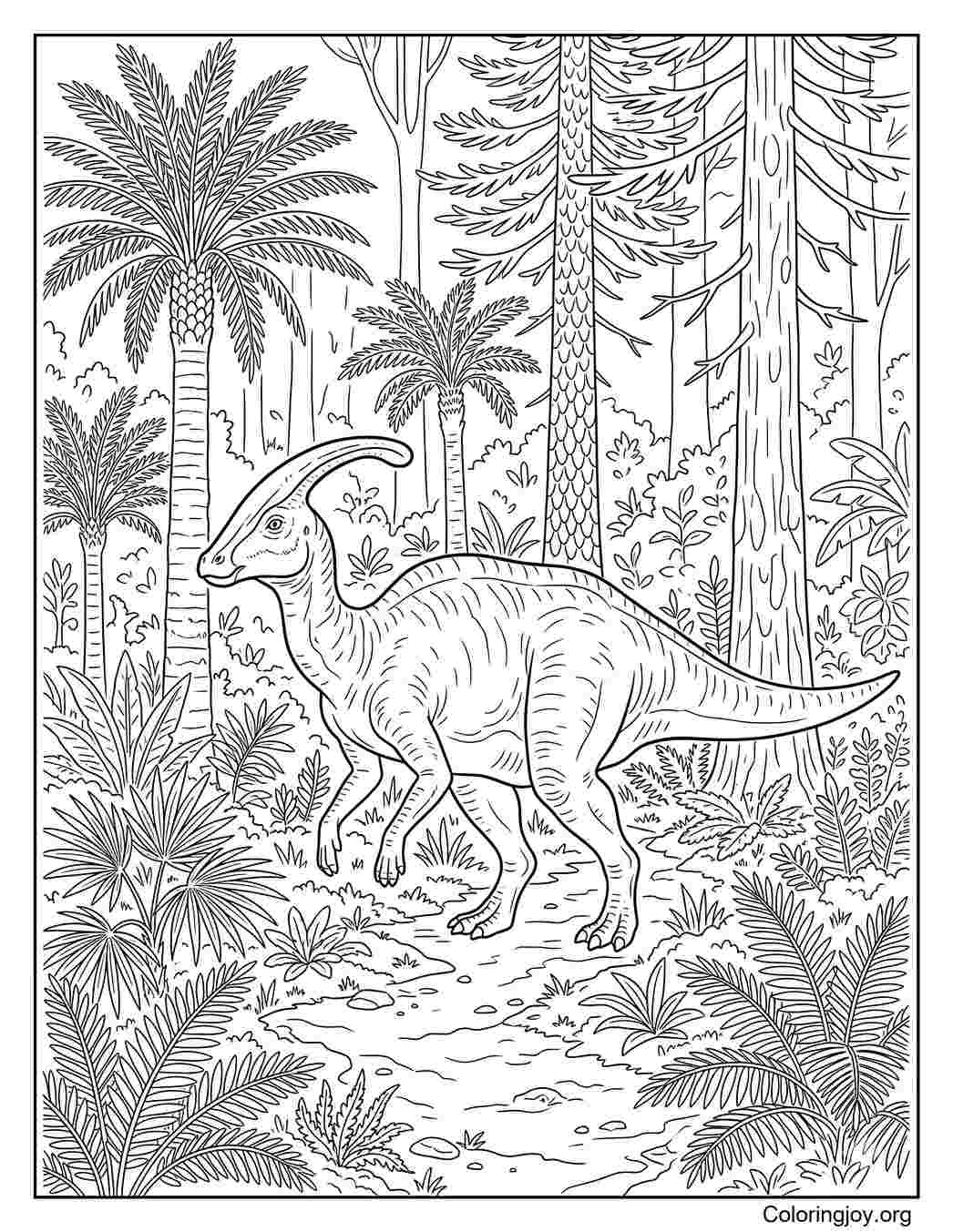 Parasaurolophus walking through a prehistoric forest filled with plants.