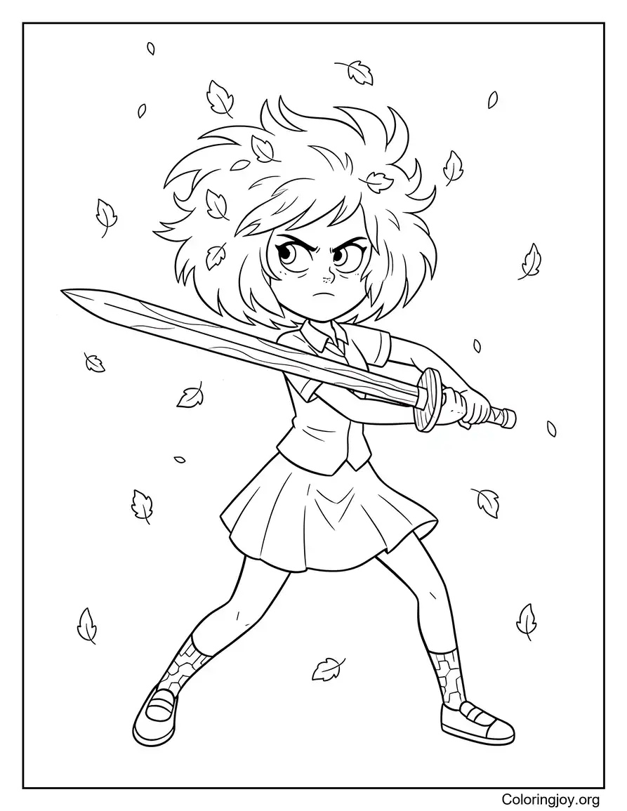 Anne practicing sword fighting with a focused training expression.