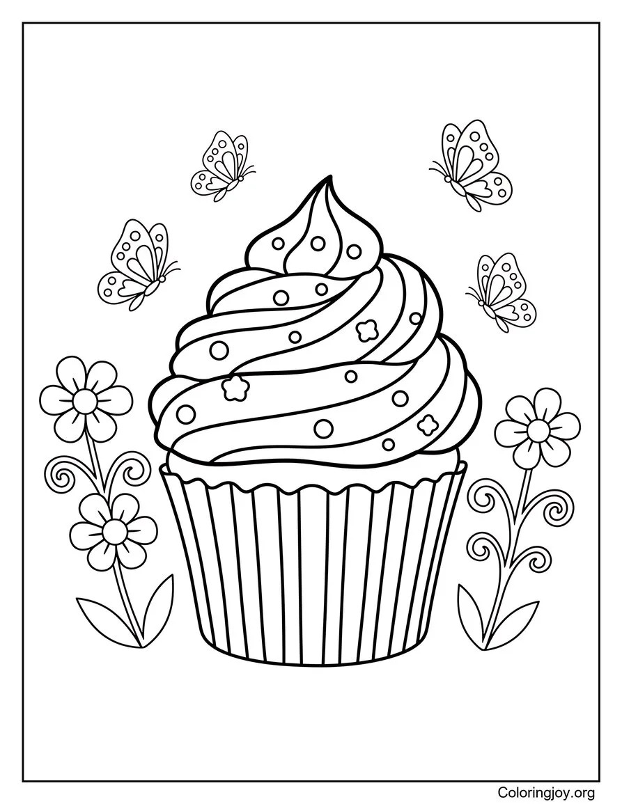 Plant a rainbow cupcake in a garden full of flowers and butterflies.