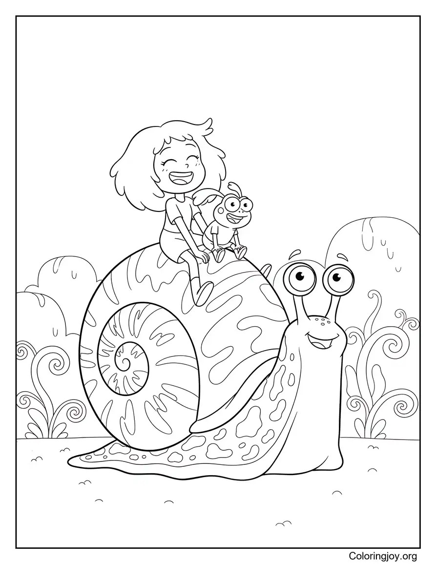 Anne and Sprig riding a giant snail through a fantasy landscape.