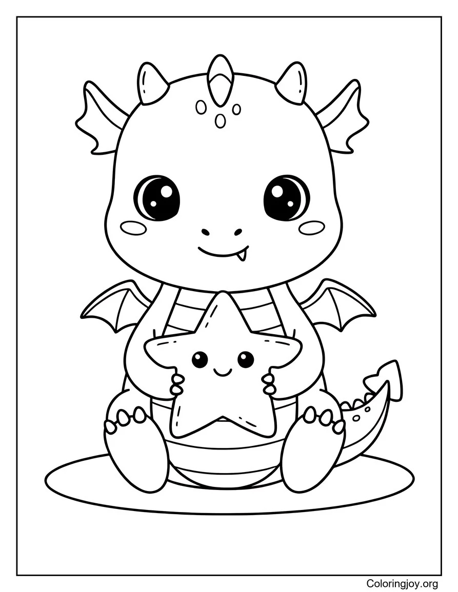 This baby dragon cuddles a big star and smiles sweetly.