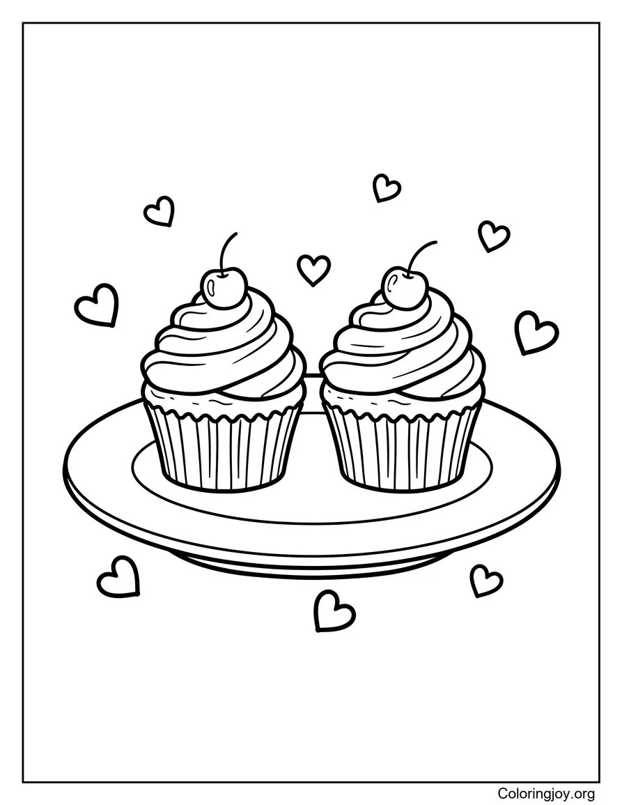 Arrange two sweet cupcakes on a plate with little hearts around.