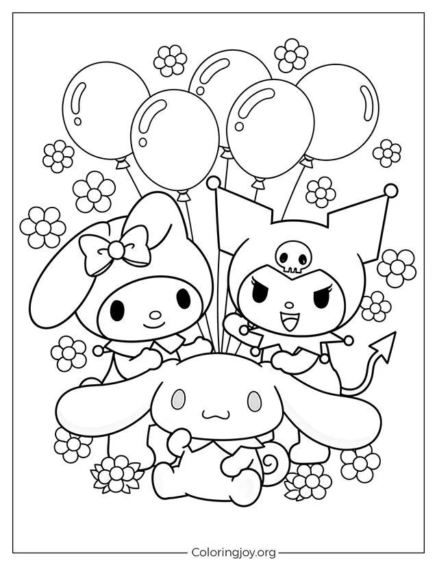 Coloring page of My Melody, Kuromi, and Cinnamoroll