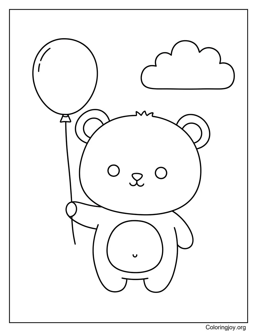 Holding a single balloon, a baby bear sits sweetly and looks cheerful.