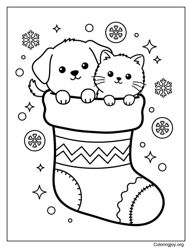 Cute Puppy and Kitten Christmas Stocking Coloring Page