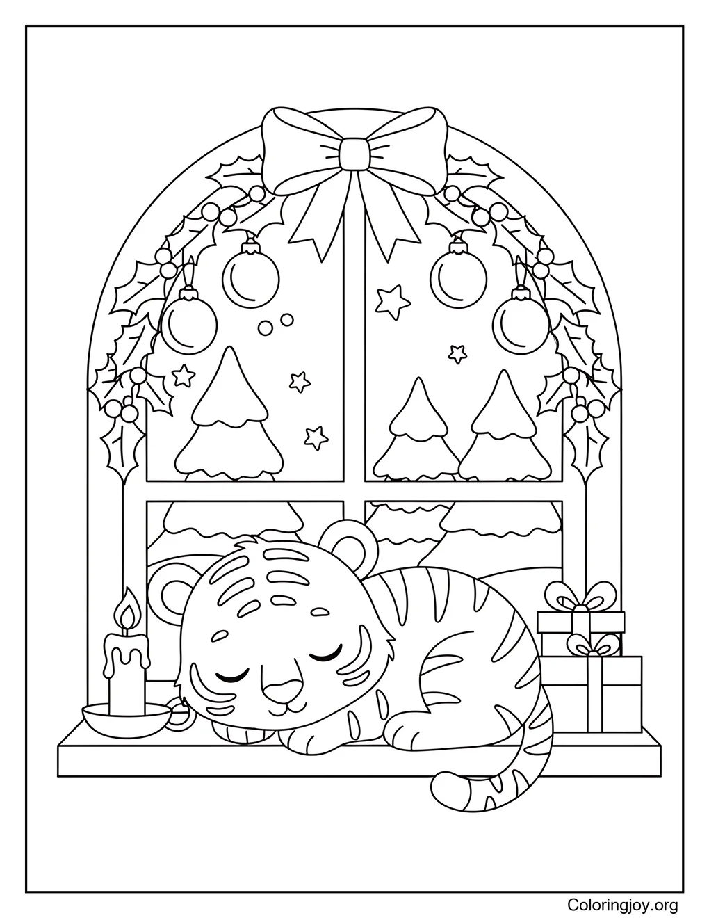 Tiger Cub by Christmas Window Coloring Page