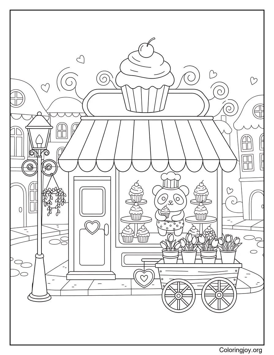 Open a cupcake shop with a panda chef and a floral cart.