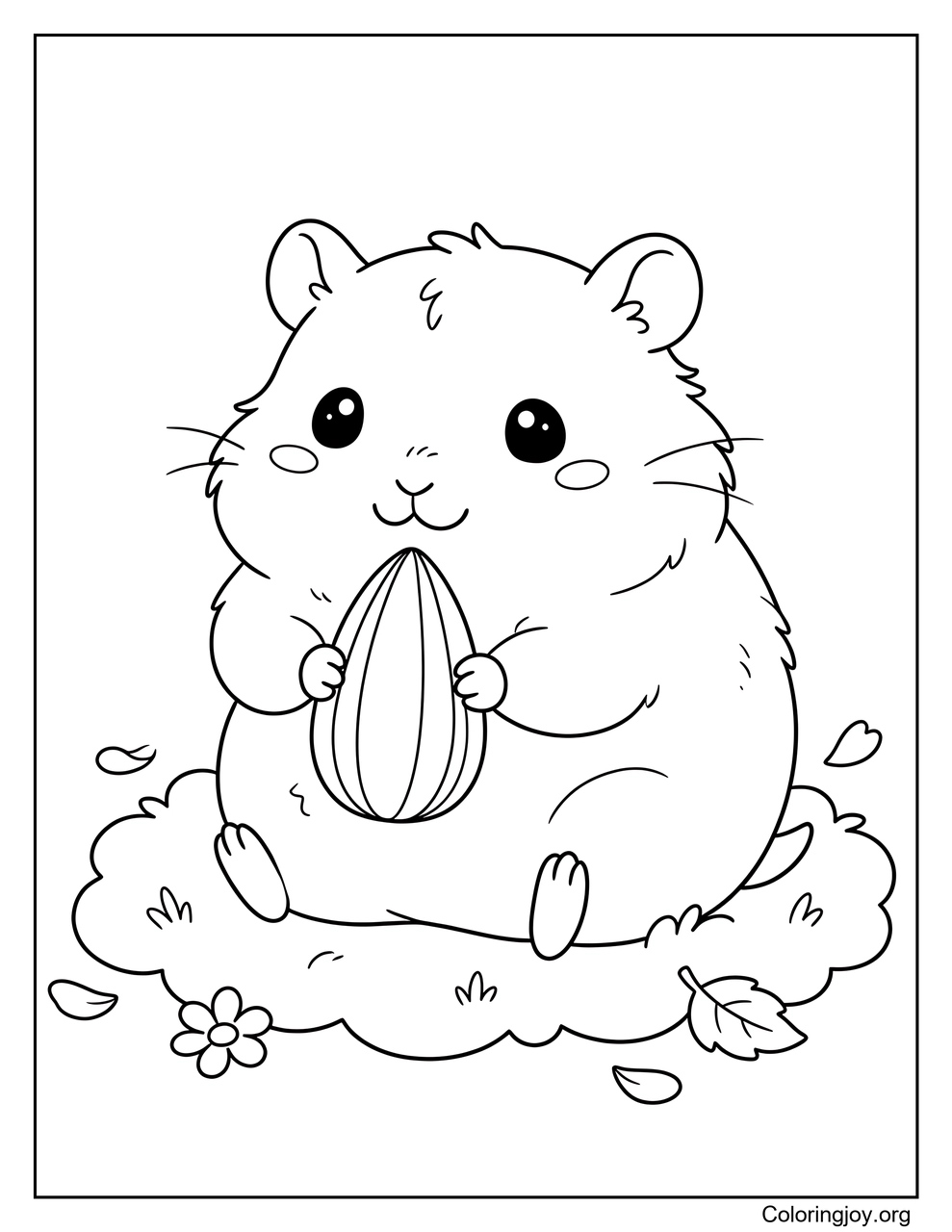 The tiny dwarf hamster holds a sunflower seed with a happy smile.