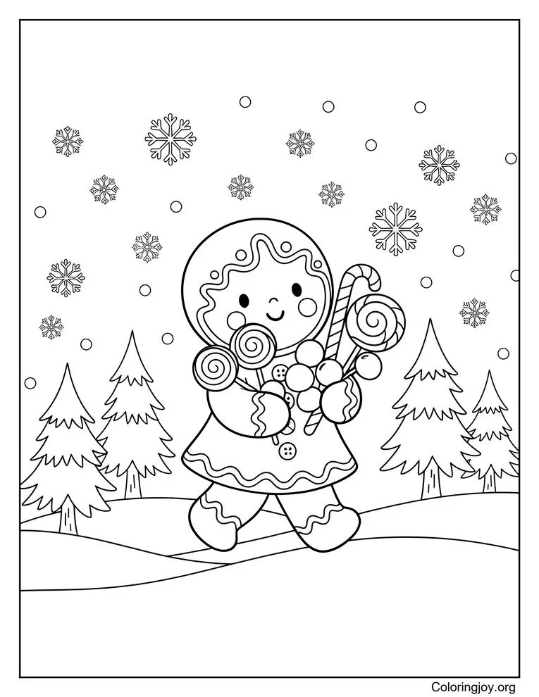 Holiday Fun: Gingerbread Woman Carrying Candy Through Winter Wonderland