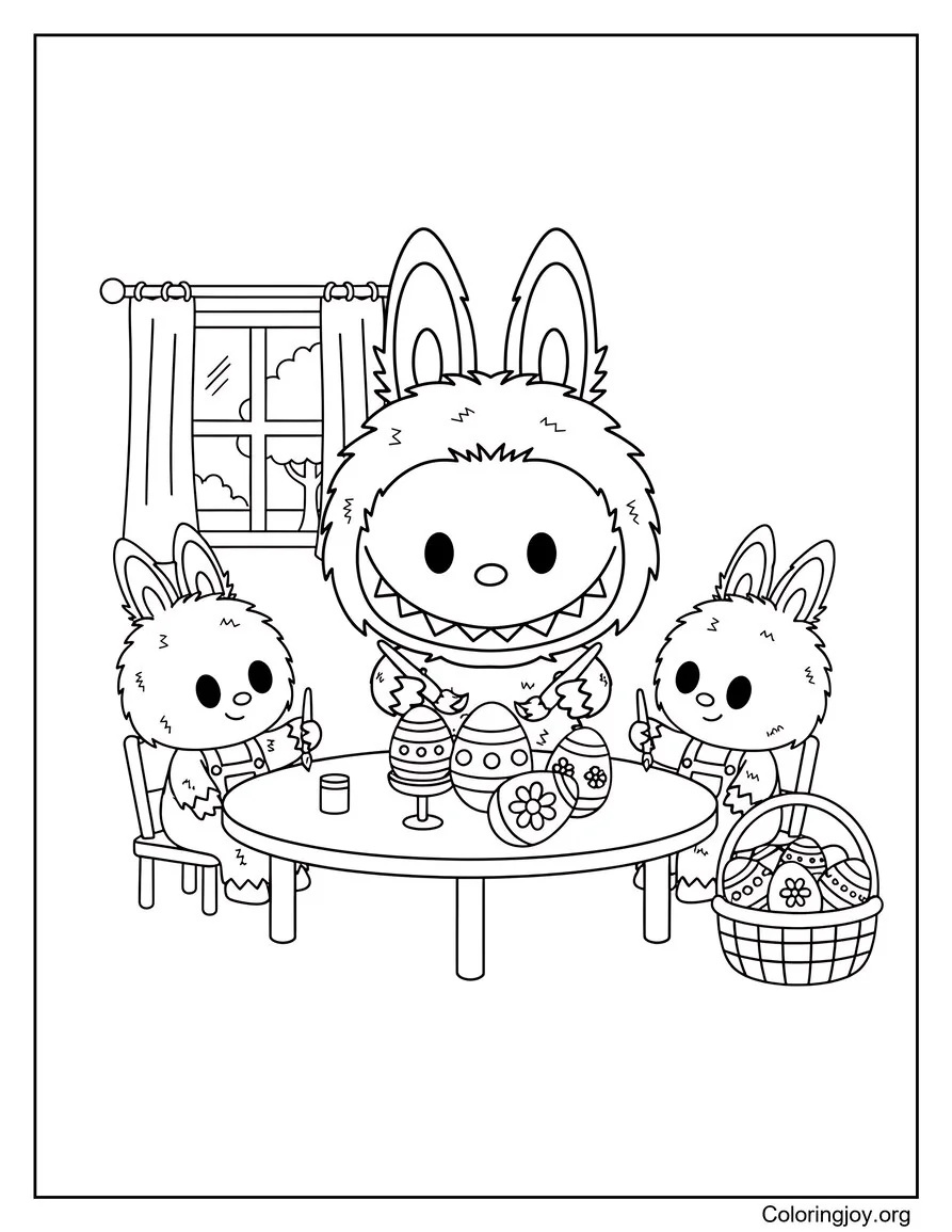Labubu joins friends painting Easter eggs for a joyful celebration.