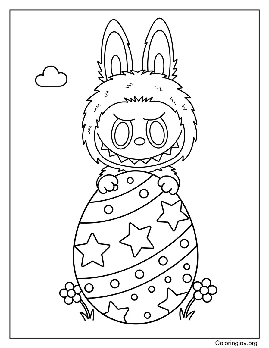 For a surprise moment Labubu peeks from behind a giant Easter egg.