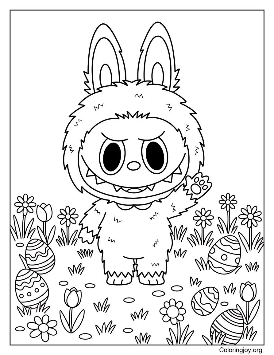 This spring meadow scene shows Labubu waving among scattered Easter eggs.