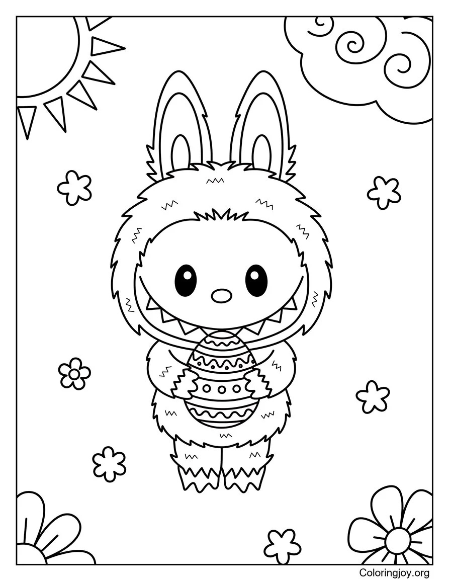 A basket full of candies and Easter eggs sits with Labubu smiling.