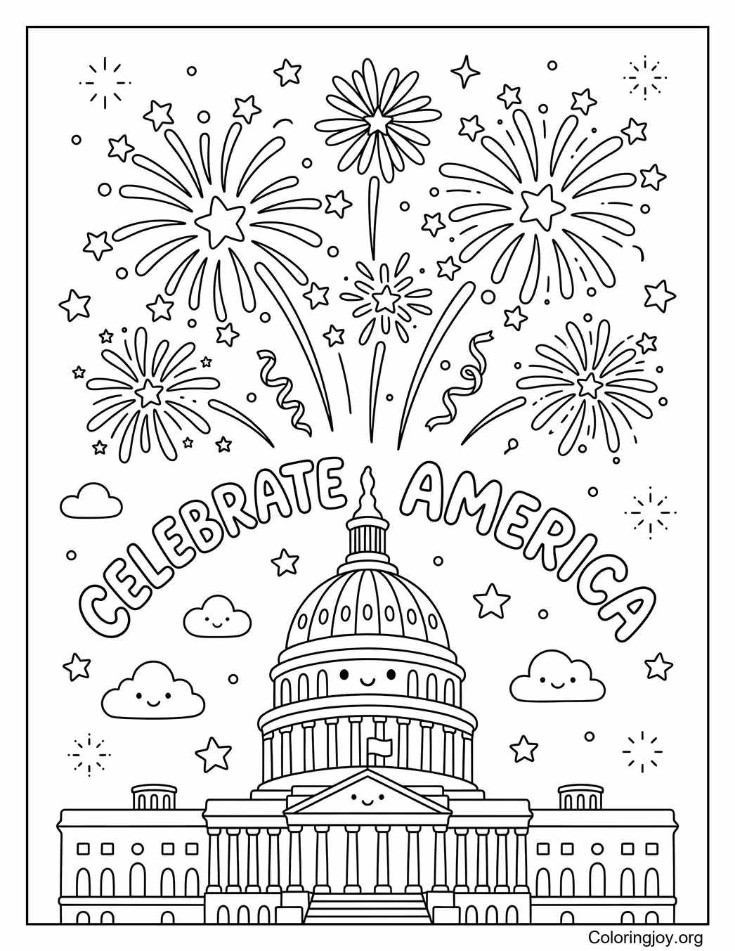 4th of July Fireworks Over Capitol Coloring Page