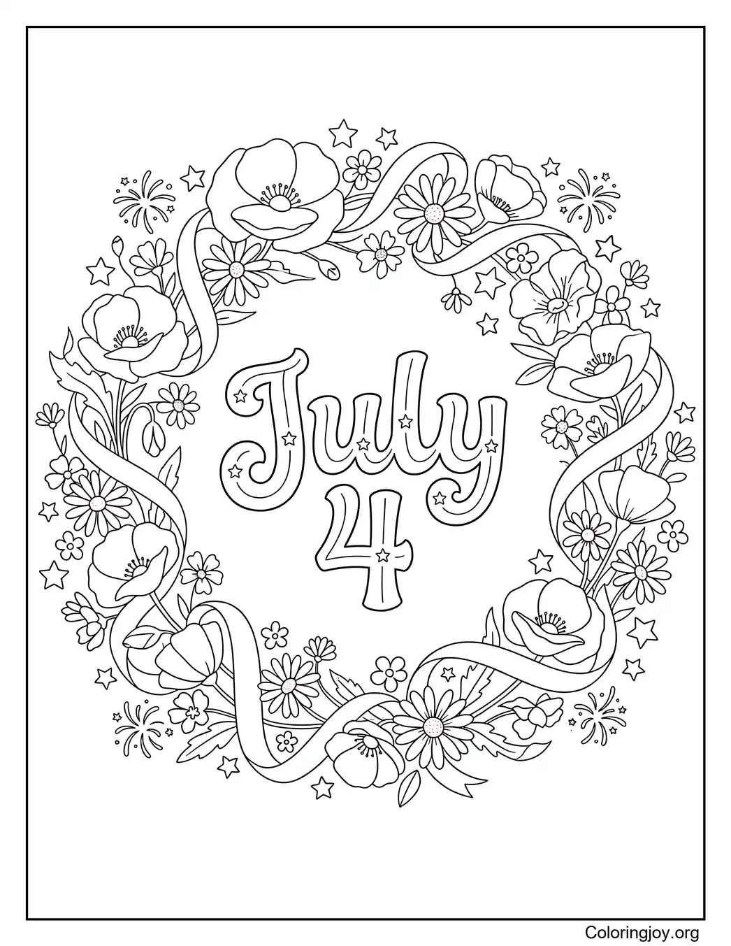 4th of July Floral Wreath Coloring Page