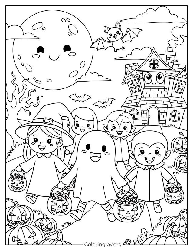 Smiling Jack-o’-Lantern Halloween Scene To Color