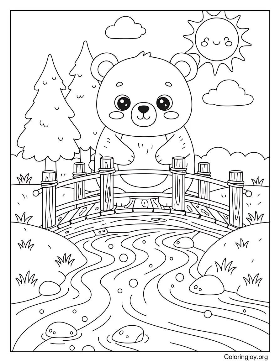 Bear Crossing a Wooden Bridge Over a Stream