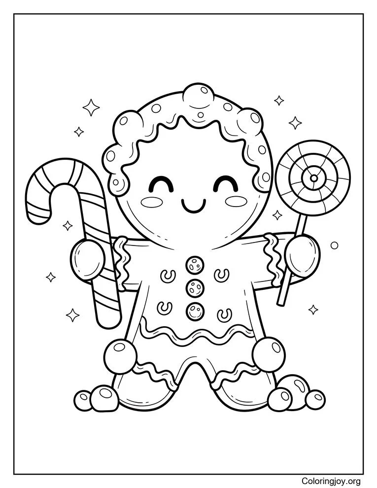 Cute gingerbread child with bubble icing holding candy