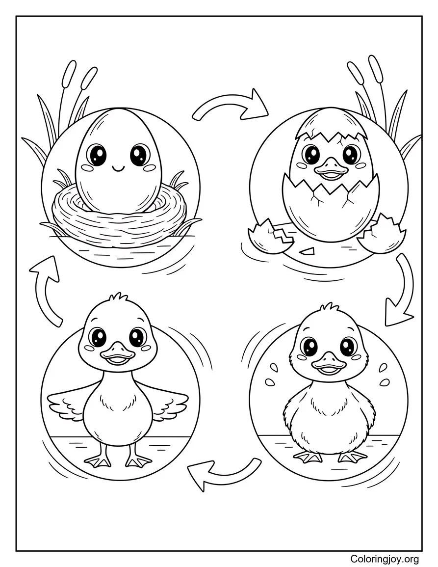 This educational scene shows a duck growing from egg to waddling baby.