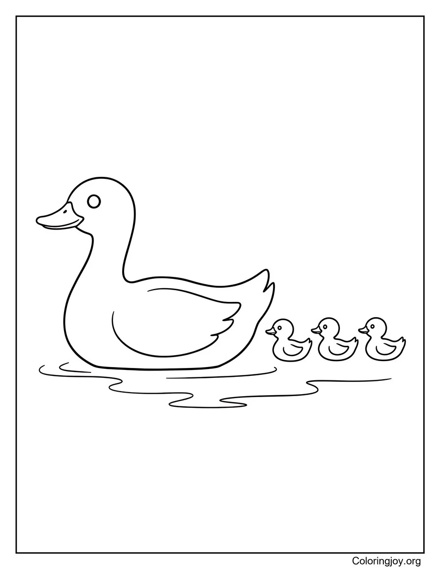 A mother duck swims with her three ducklings across gentle water ripples.
