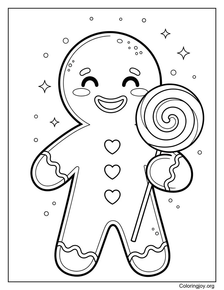 Gingerbread man with heart buttons holding lollipop coloring page