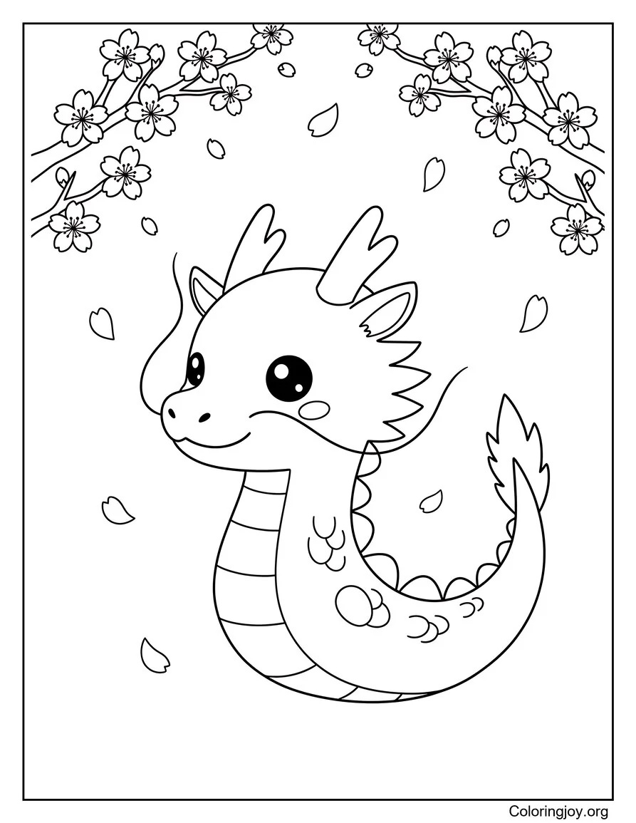 A Japanese dragon drifts past cherry blossom branches in the breeze.