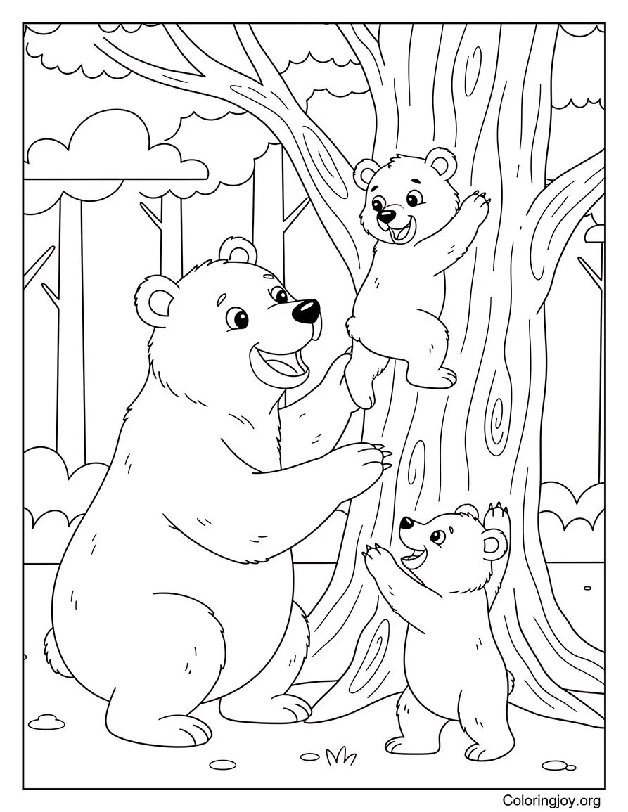 Mama Bear Teaching Her Cubs to Climb a Tree
